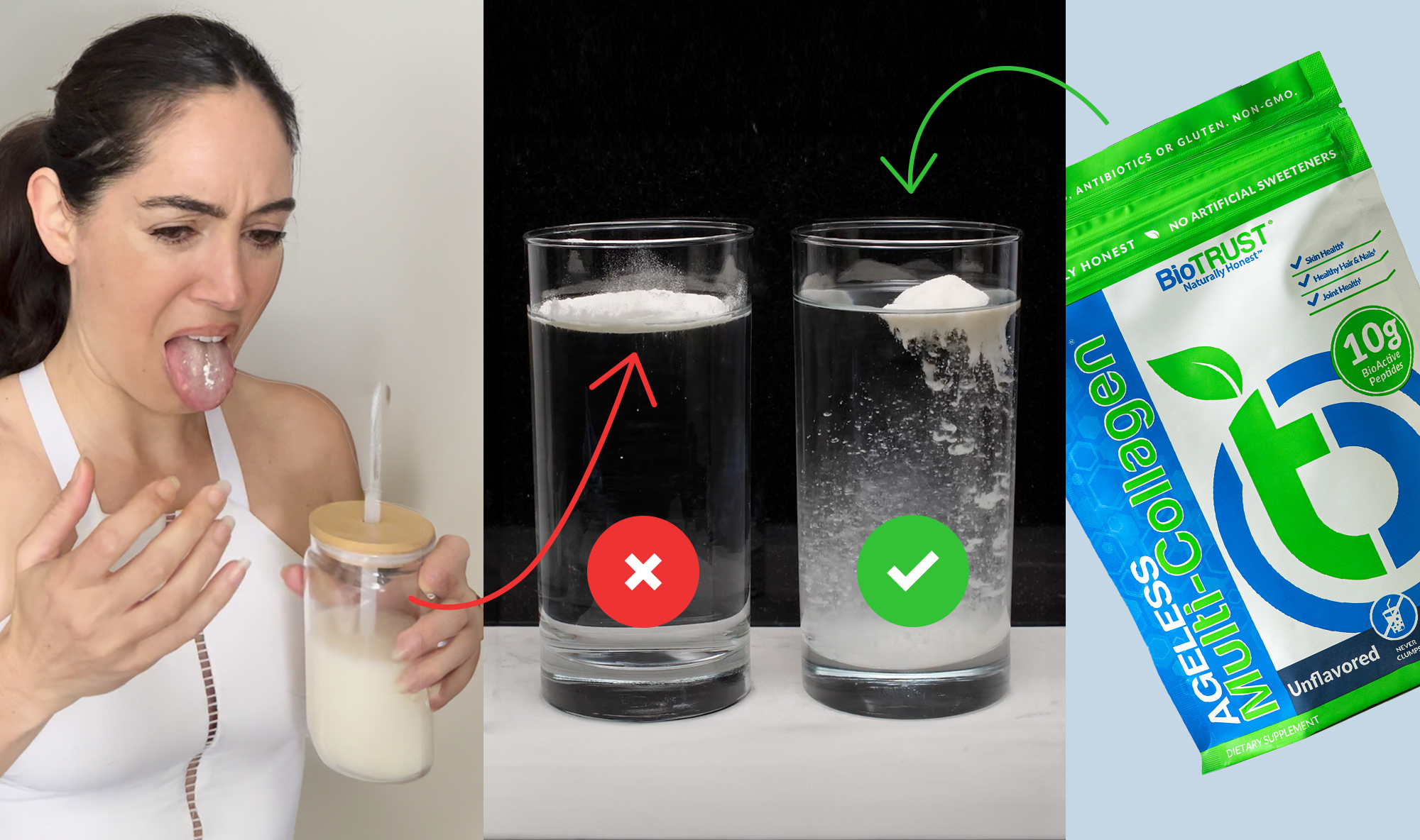 Ageless Multi-Collagen Mixability Test 2026 BioTrust Ageless Multi-Collagen powder dissolving into black coffee in a mug