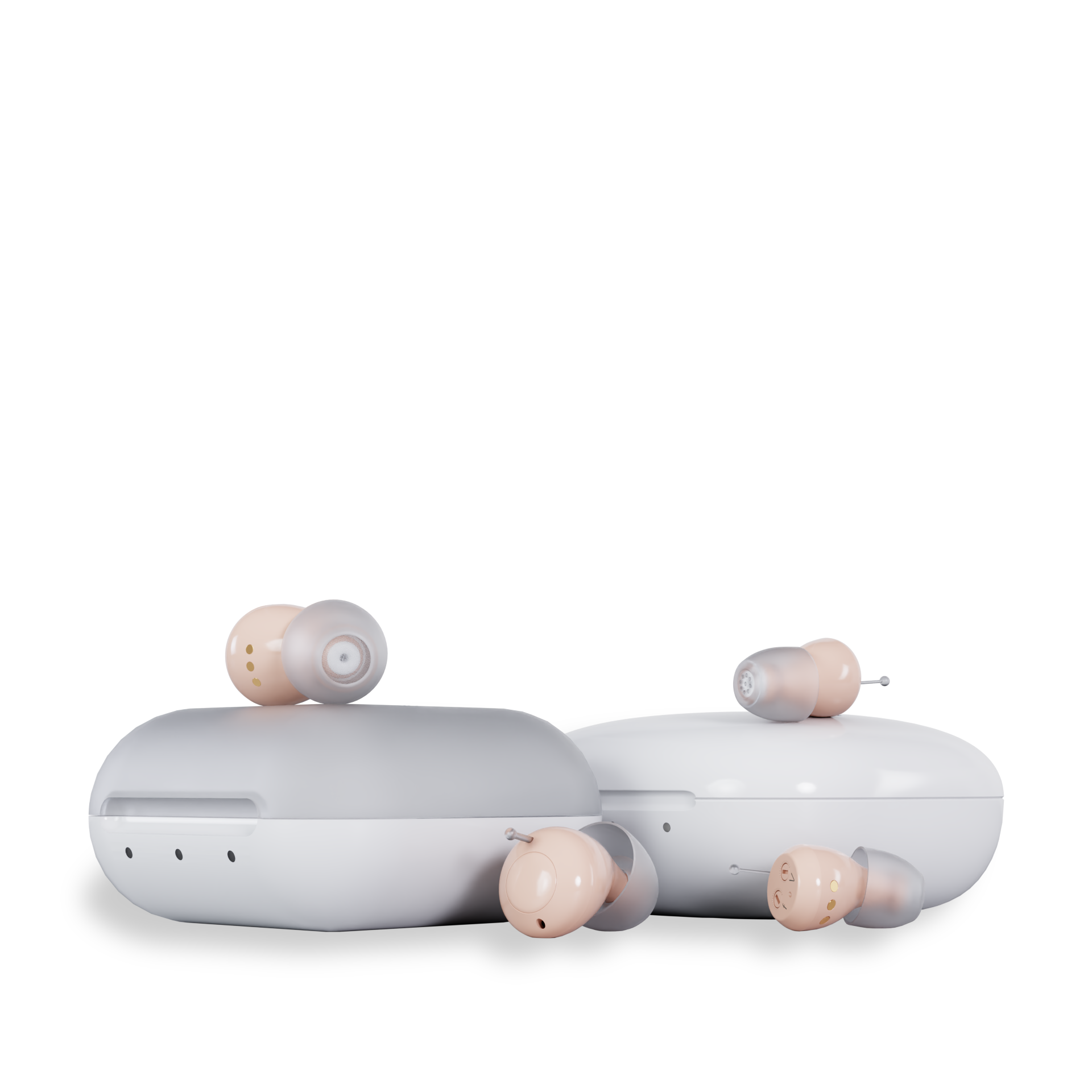 Audien Atom 2 In-Ear Hearing Aid — Side Profile 2026 Audien Atom 2 hearing aids side view — tiny in-ear design on white background