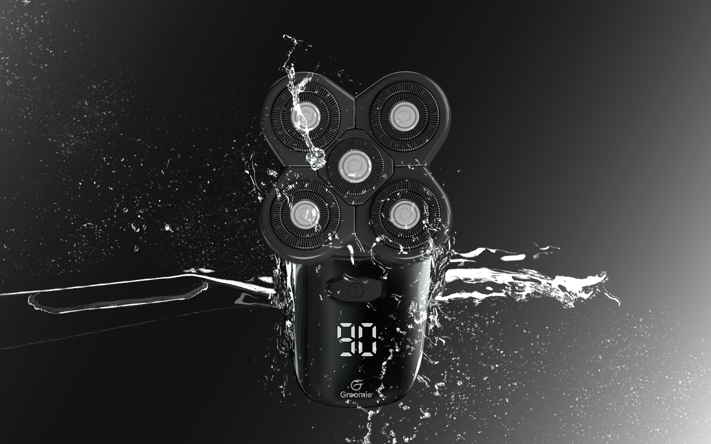 Groomie BaldiePro Bathroom Counter Grooming Setup 2026 Groomie BaldiePro shaver displayed on bathroom counter with grooming accessories