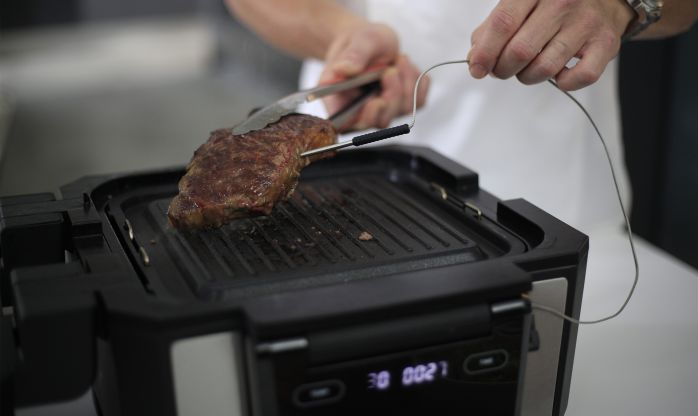 Gourmax Pro Temp Ace Smart Probe 2026 Gourmax Pro Temp Ace smart temperature probe inserted in meat during cooking