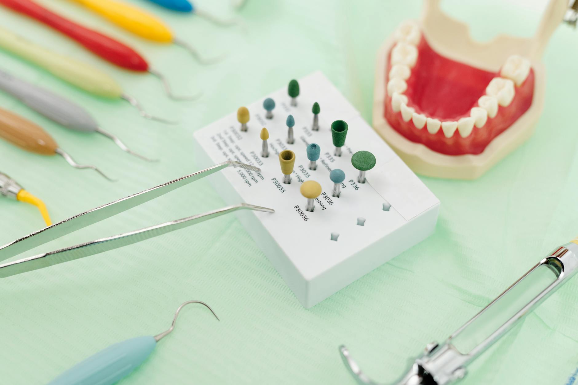 Professional Periodontal Examination Tools Dental instruments and model teeth used for professional periodontal examination