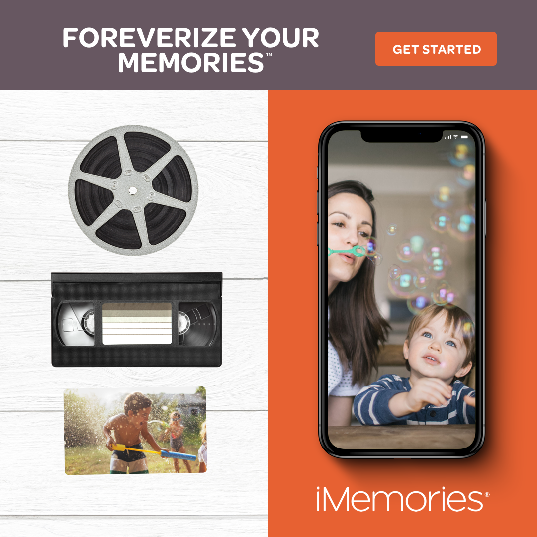 iMemories SafeShip Kit Contents 2026 iMemories SafeShip Kit contents showing VHS tape, film reel, and photos alongside packing materials