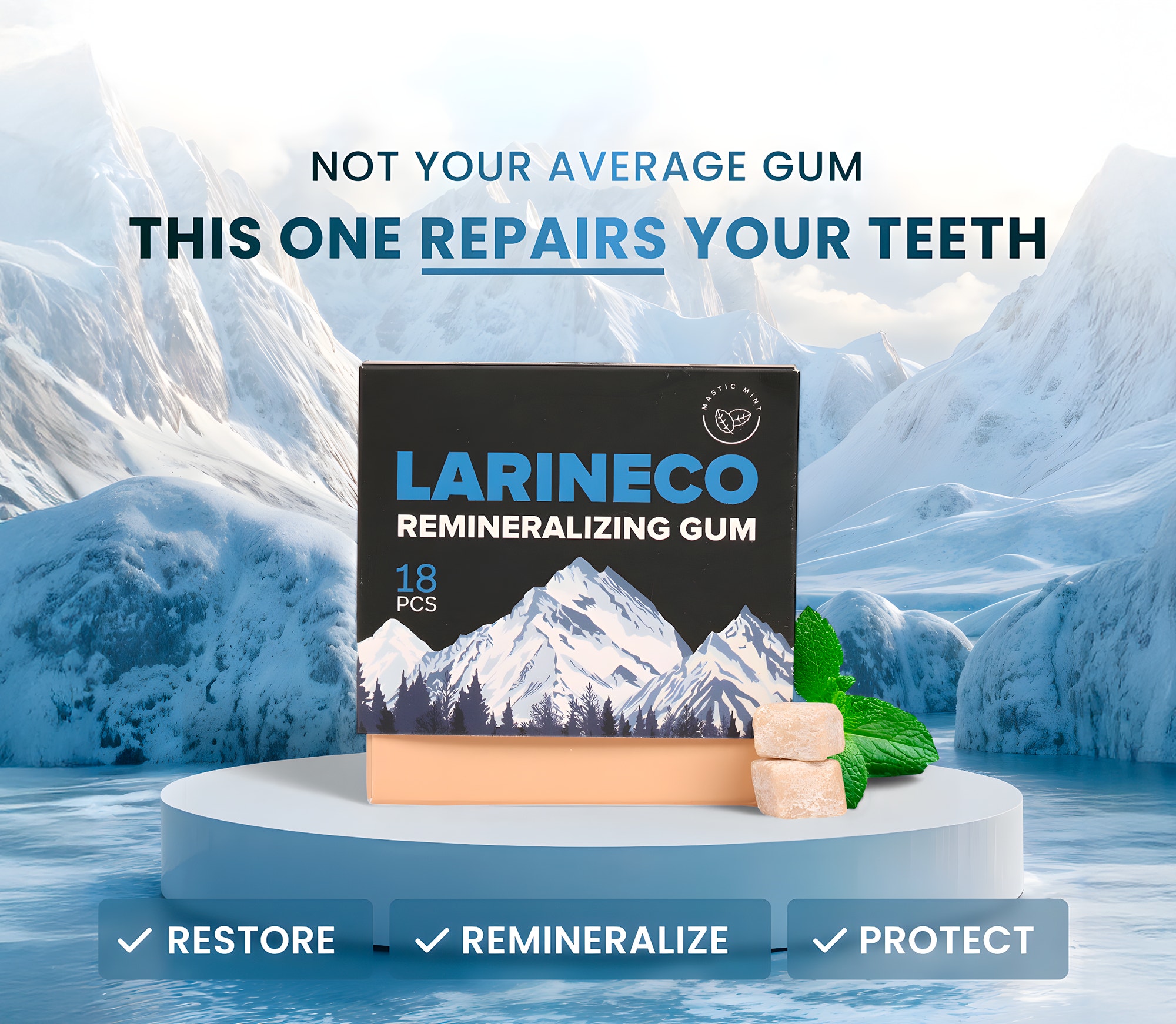 Larineco Remineralizing Gum 2026 - Product Close-Up Larineco Remineralizing Gum pieces close-up showing white nano hydroxyapatite formula