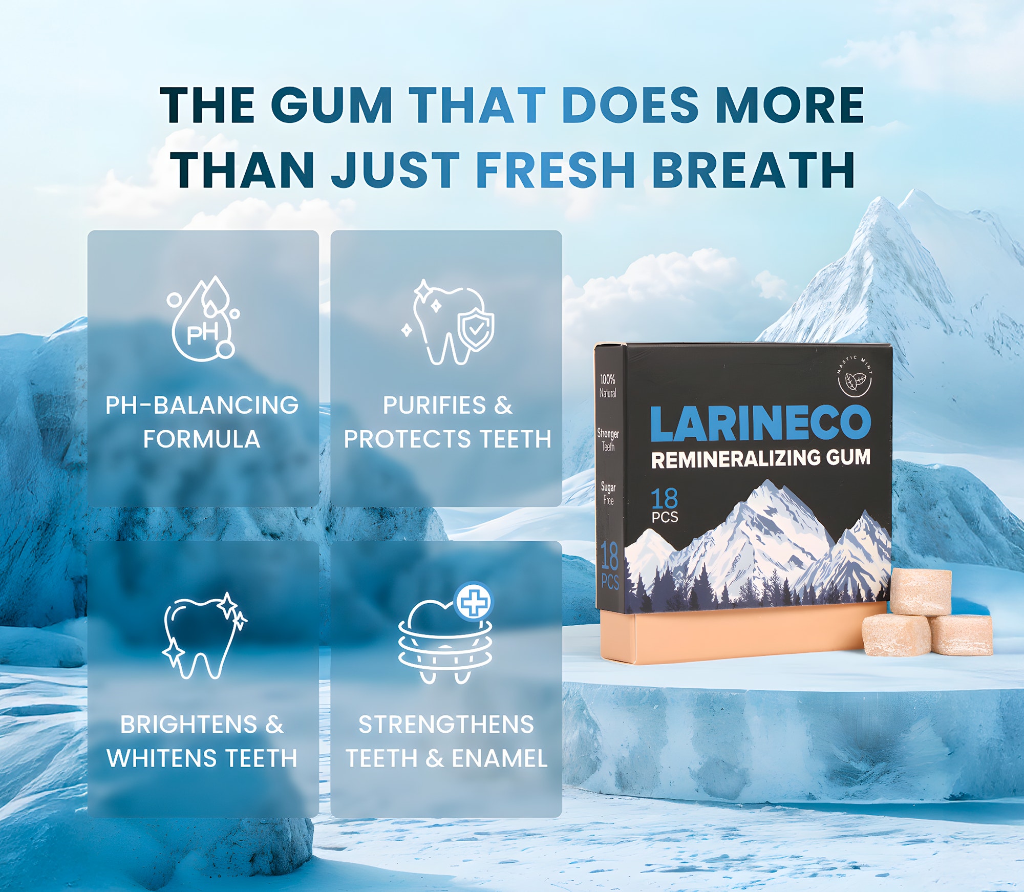 Larineco Remineralizing Gum 2026 - Packaging and Product Larineco Remineralizing Gum shown with packaging and gum pieces for enamel strengthening