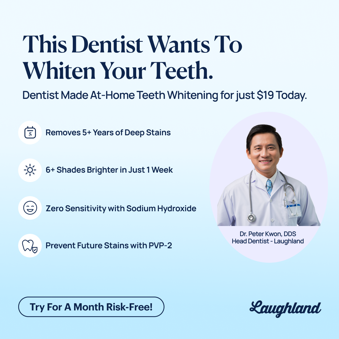 Laughland NanoLight LED Mouthpiece in Use — 2026 Review Woman using Laughland LED whitening mouthpiece with blue NanoLight activated