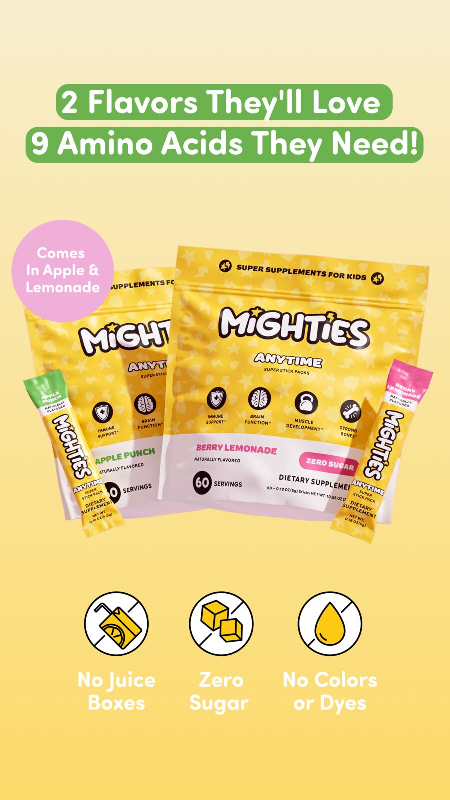 Mighties Anytime Drink Strawberry Flavour Ingredients 2026 Mighties Anytime Drink strawberry flavour packets with fresh strawberries on cutting board