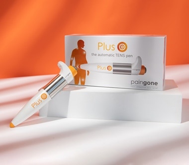 Paingone Plus Drug-Free Pain Relief Device 2026 Paingone Plus TENS pen displayed on an orange background