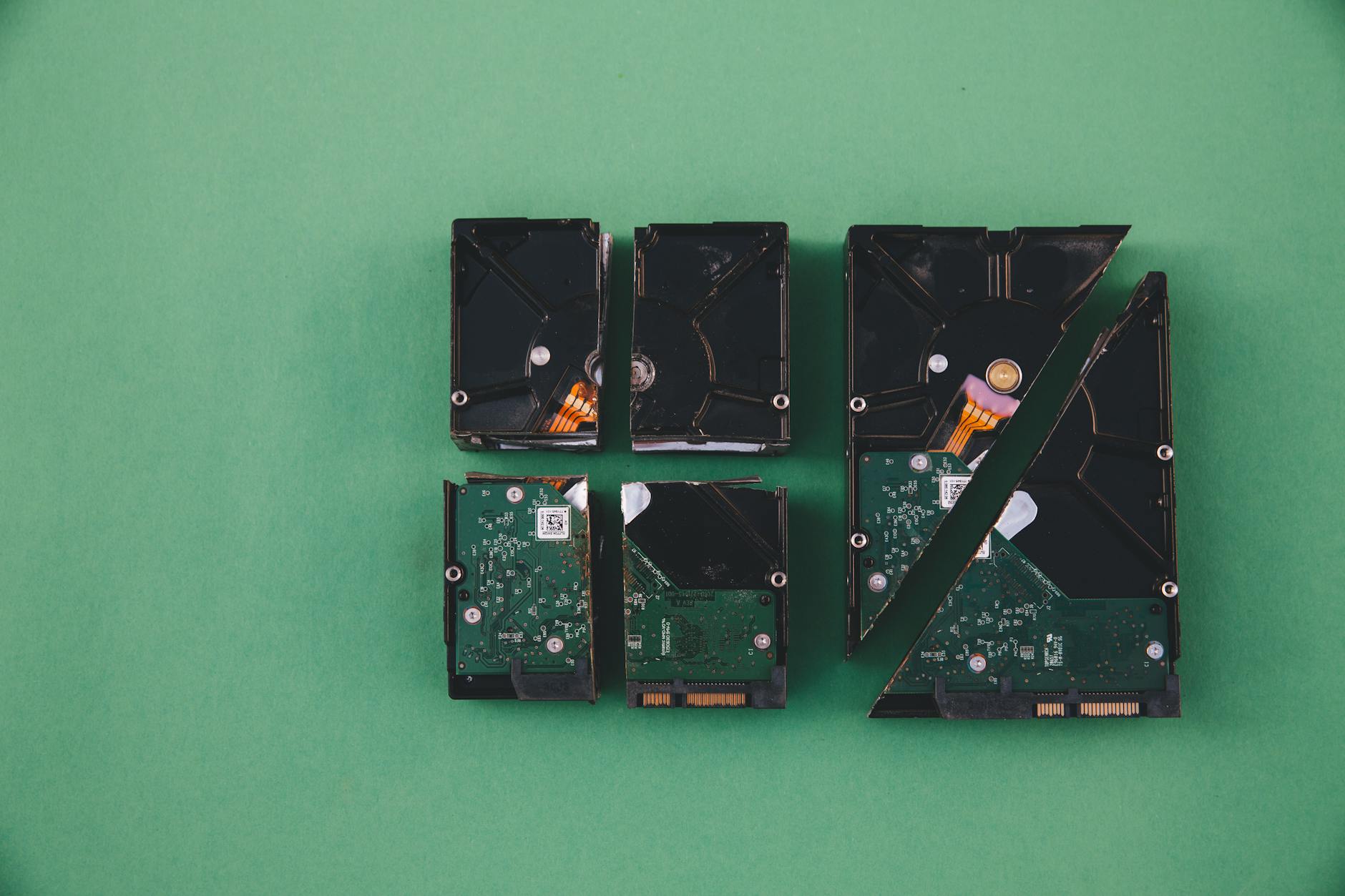 Hard Drives Fail — Your Backup Plan Cannot Depend on Just One Four broken hard drives arranged on a surface — a stark reminder that physical storage fails and digital photo backup tips must include off-device solutions