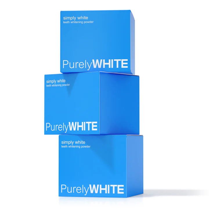 Purely White Deluxe Packaging 2026 Three blue Purely White Deluxe boxes stacked showing product packaging and branding