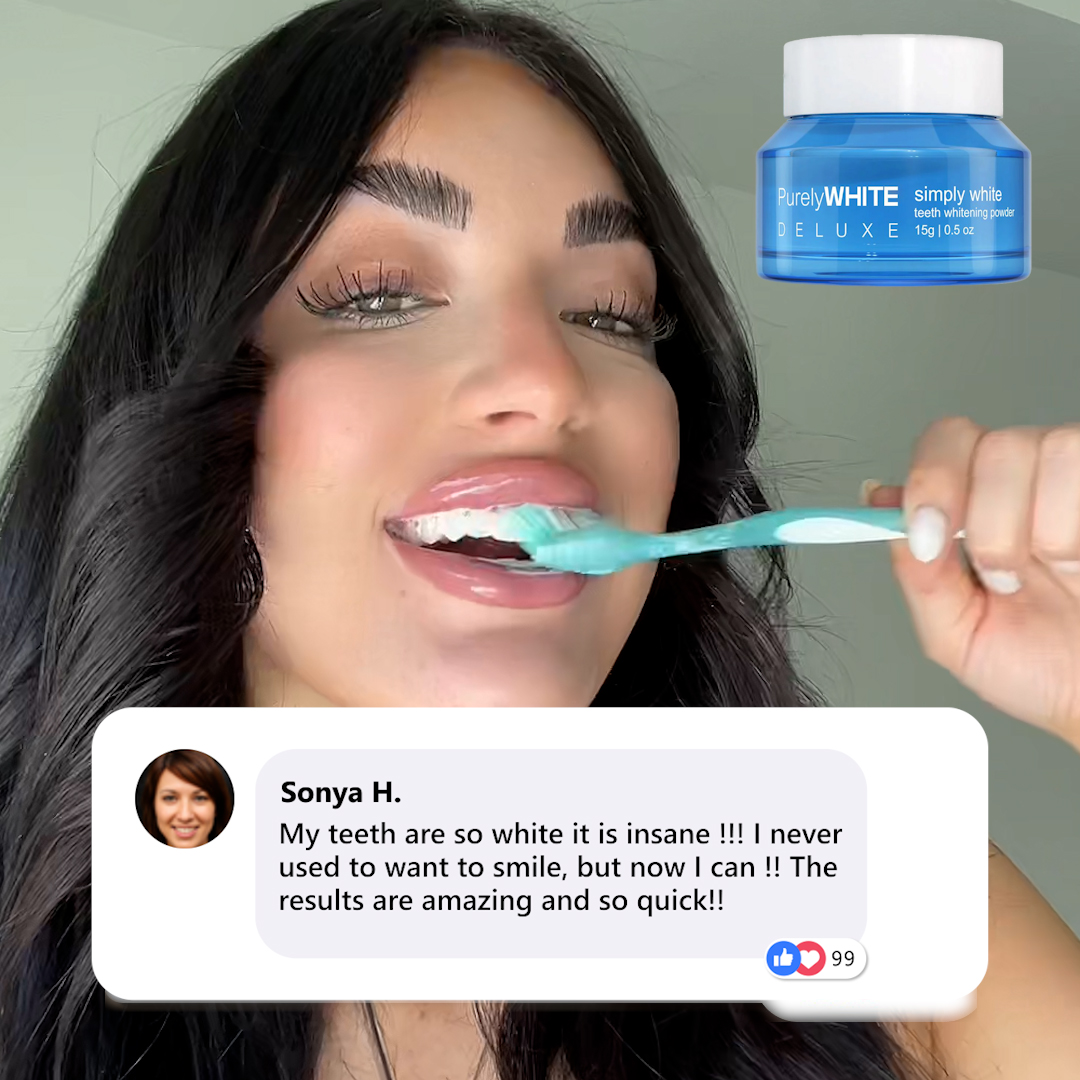 Purely White Deluxe User Testimonial Results Real user testimonial showing dark-haired woman with Purely White Deluxe jar and comment saying teeth are insanely white with amazing quick results