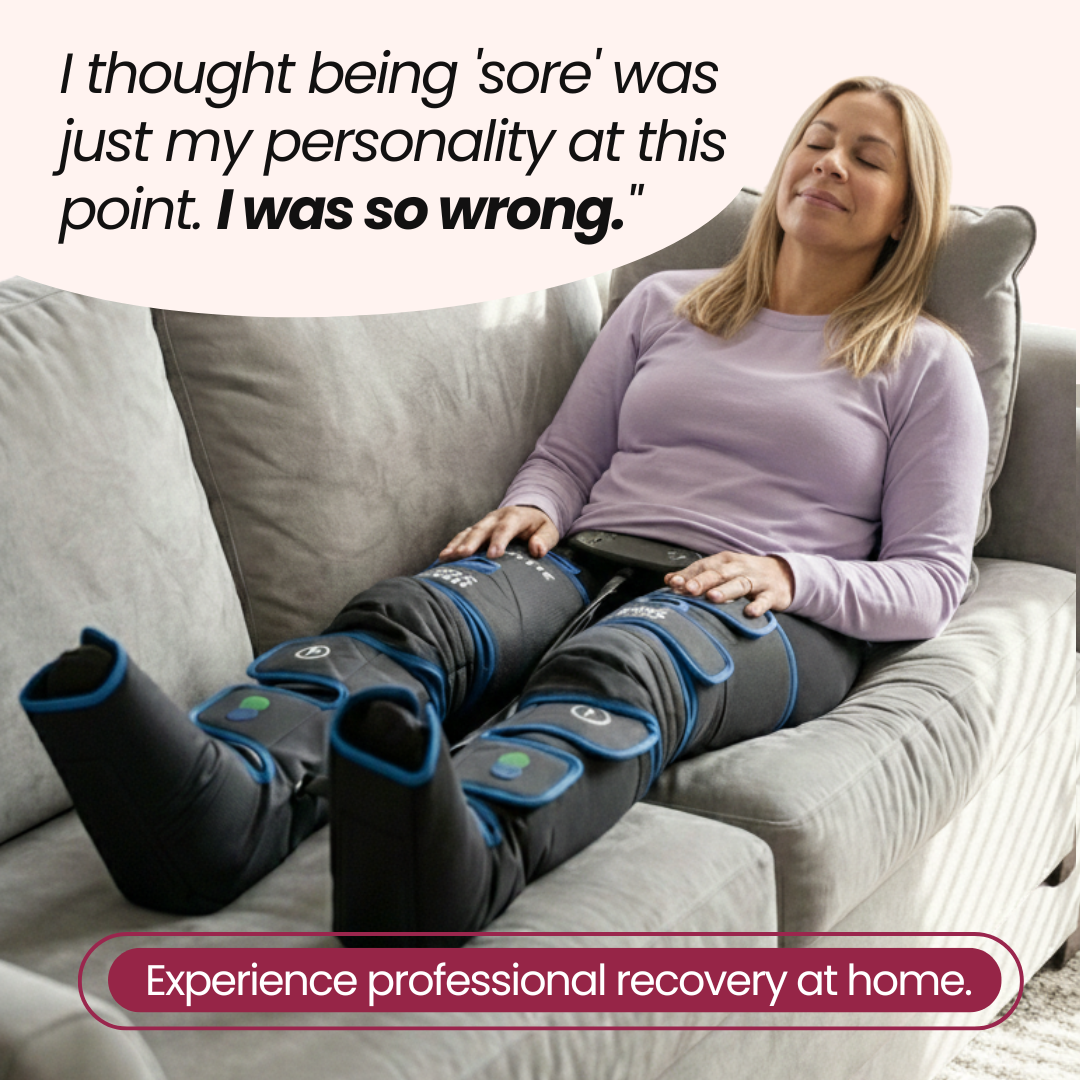 REATHLETE Air-C Pro Customer Testimonial 2026 Woman relaxing on couch using Air-C leg compression sleeves with customer quote about soreness relief