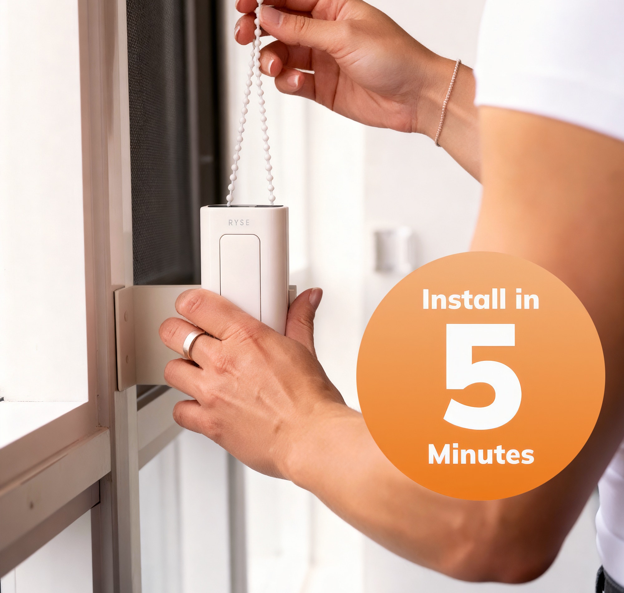 RYSE SmartShade 5-Minute Installation 2026 RYSE SmartShade installation process — clip-on motor attaching to existing shade chain