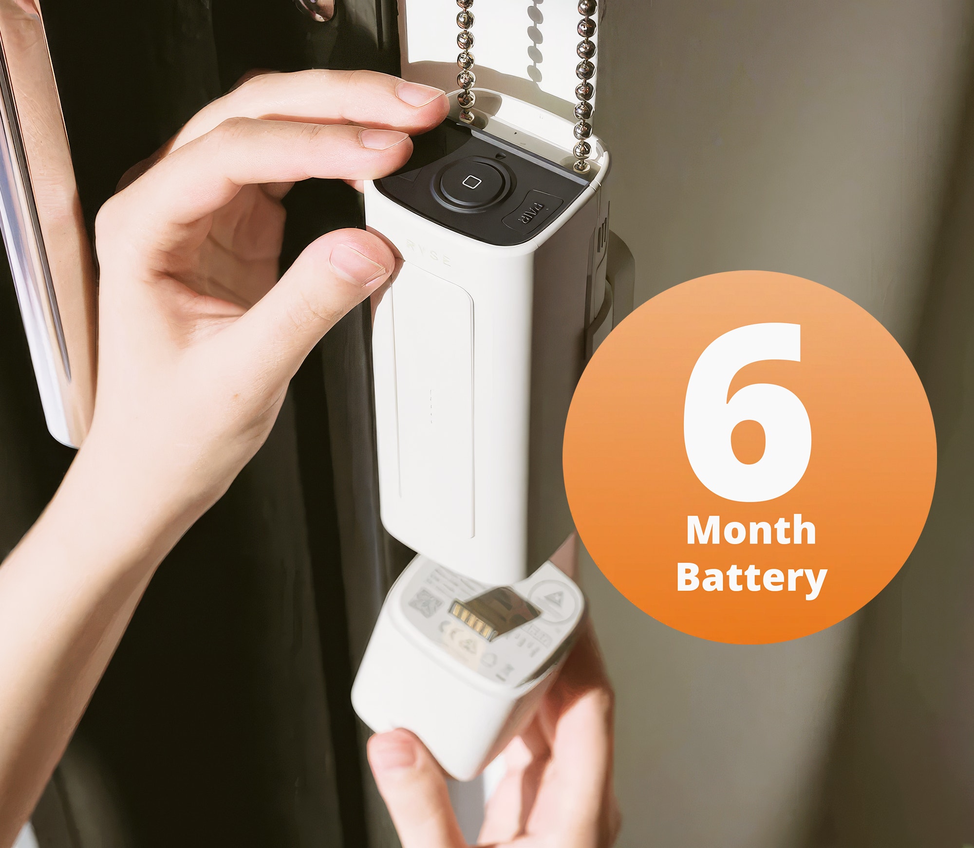 RYSE SmartShade Lifestyle Room Setting 2026 RYSE SmartShade installed on roller blinds in a modern living room showing automated smart shade in real home setting