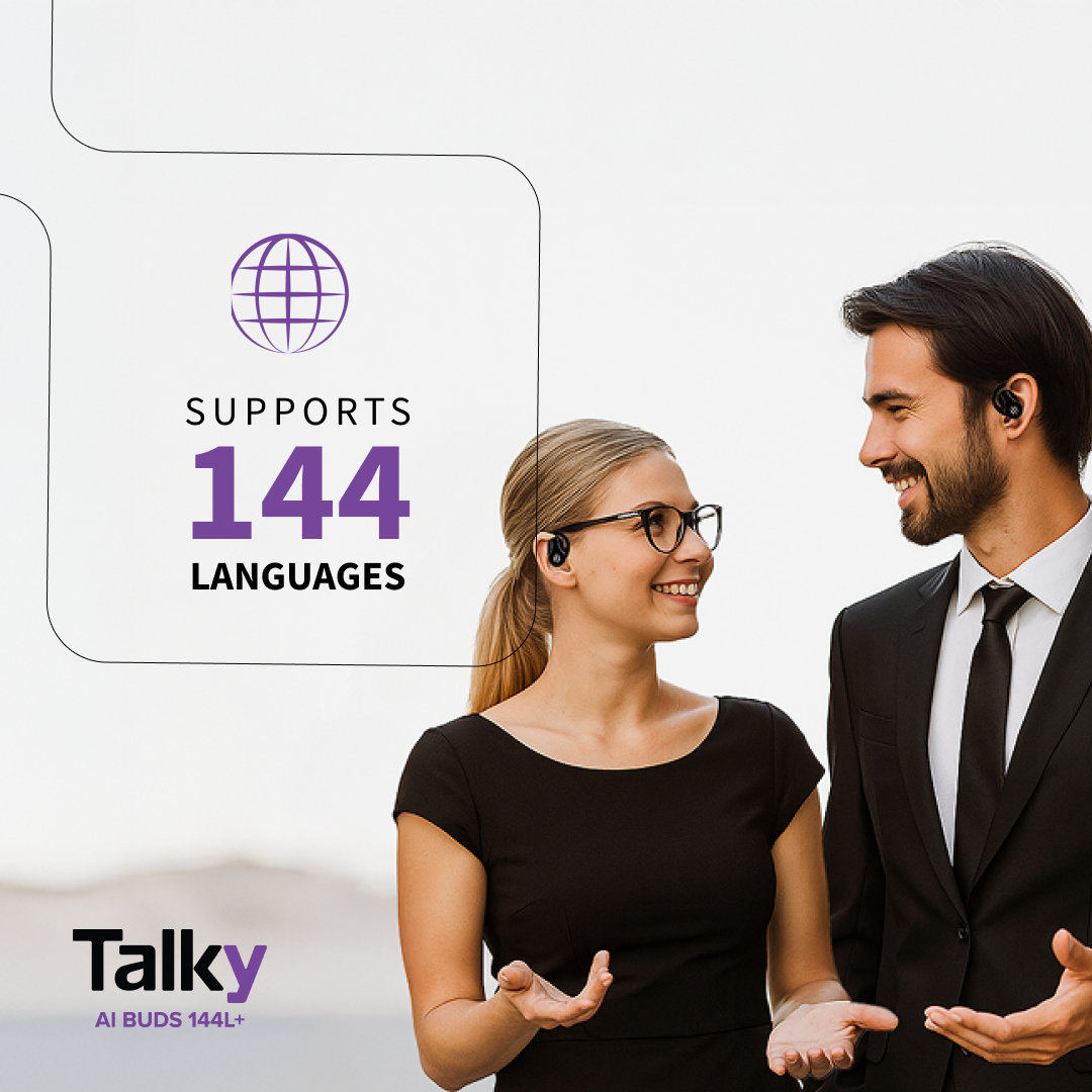 Talky AI Buds Four Conversation Modes App Interface 2026 Talky AI Buds app screenshot showing four translation modes: Touch Mode, Speaker Mode, Free Talk, and Listening Mode