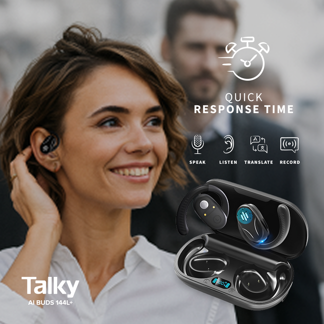 Talky AI Buds Bilingual Conversation Interface English German 2026 Talky AI Buds bilingual conversation interface showing English and German exchange in real-time translation mode