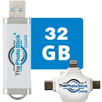 ThePhotoStick OMNI 2026 - Multi-Device Backup ThePhotoStick OMNI device with multiple USB connector tips for iPhone, Android, Mac, and PC