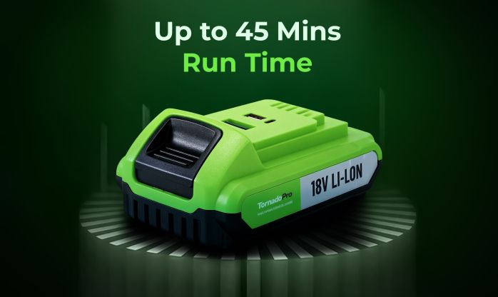 Tornado Pro 7500 mAh Battery — 45 Minute Runtime Claim Tornado Pro battery close-up showing 45 minute runtime and 7500 mAh capacity