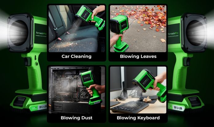 Tornado Pro Use Cases — Leaves, Car, Dust, Keyboard Tornado Pro 4-panel use case grid showing leaf blowing, car cleaning, dust removal, and keyboard cleaning